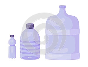 Set of plastic bottels - 0,5 litres, 5 litres and 19 litres. Vector cartoon flat illustration isolated on white.