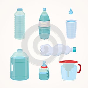 Set Plastic bottle of pure water, different bottle design vector illustration in cartoon style.