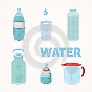 Set Plastic bottle of pure water, different bottle design vector illustration in cartoon style.