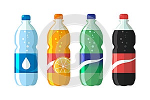 Set of plastic bottle of water and sweet soda cola, sprite, fantasy orange soda. Flat vector soda icons illustration