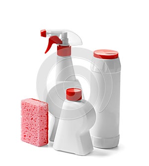 A set of plastic bottles with detergents and cleaners on a white background, household chemicals in packages