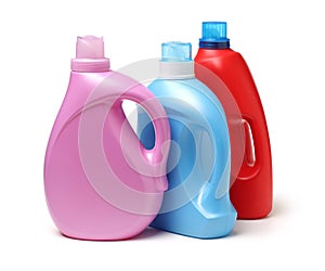 Set of plastic bottles for liquid laundry detergent or cleaning agent or bleach or fabric softener