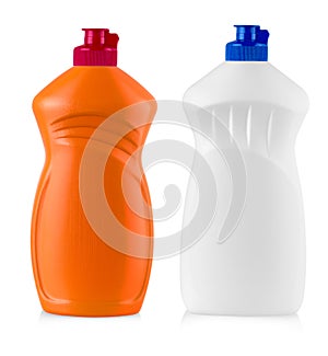 Set of plastic bottles with liquid laundry detergent, cleaning agent, bleach or fabric softener