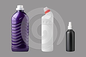 Set of plastic bottles for washing gel, liquid detergent, bleach, and fabric softener. Isolated on a gray background