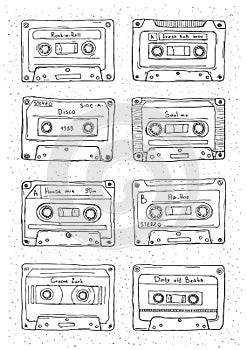 Set of plastic cassette, audio tape with different music. Hand drawn retro illustration.