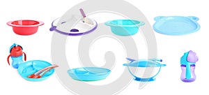 Set of plastic dishware for baby food on background, banner design