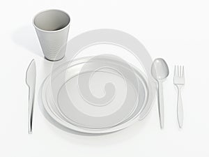 Set of plastic dishware isolated on white background. 3D illustration