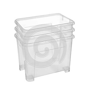 Set of plastic household baskets for storage isolated on white