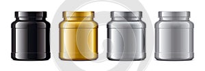 Set of plastic Jars. Metalized surface version. Gold, Silver, Grey, Black colors