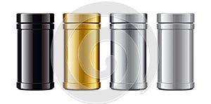 Set of plastic Jars. Metalized surface version. Gold, Silver, Grey, Black colors