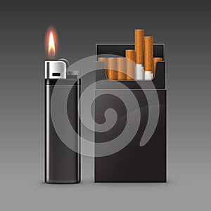 Set Plastic Metal Lighter with Flame and Pack of Cigarettes