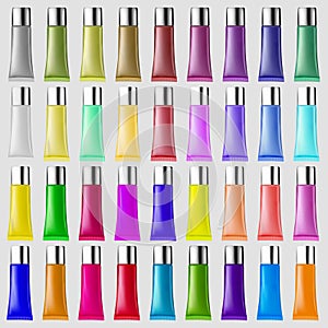 set of plastic tubes of different colors for cosmet