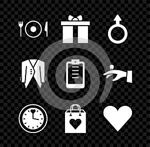 Set Plate, fork and knife, Gift box, Male gender symbol, Clock, Shopping bag with heart, Heart, Suit and Clipboard
