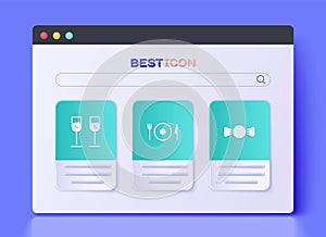 Set Plate, fork and knife, Glass of champagne and Bow tie icon. Vector
