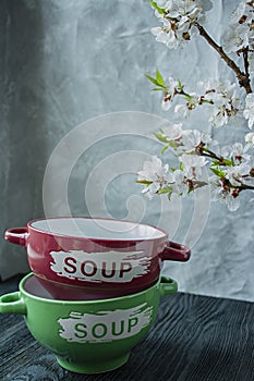 A set of plates for soup with the inscription. The branch is blossoming apricots. Place for text. Dark wooden background
