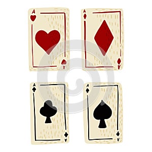 Set play cards isolated on white background. Vintage abstract design card hearts, diamonds, clubs and spades in color red and