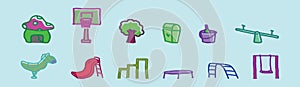 Set of play ground cartoon icon design template with various models. vector illustration isolated on blue background