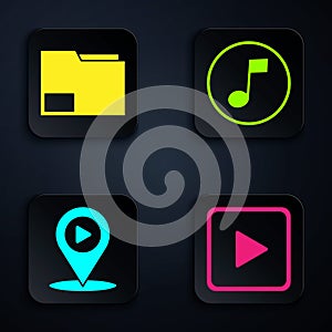 Set Play in square, Document folder, Digital media play with location and Music note, tone. Black square button. Vector