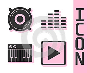 Set Play in square, Stereo speaker, Music synthesizer and Music equalizer icon. Vector