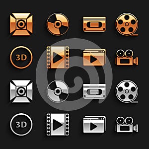 Set Play Video, Film reel, Cinema camera, Online play video, 3D word, VHS cassette tape, Movie spotlight and CD DVD disk