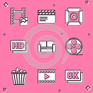 Set Play Video, Movie clapper, spotlight, Hd movie, tape, frame, Cinema chair, Film reel, Popcorn box and icon. Vector