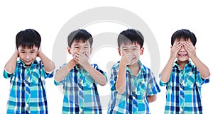 Set of playful asian boy covering his ear mouth nose eye in diff