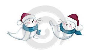 Set of playful baby seals wearing a blue scarf and red santa hat.Christmas animals watercolor illustration
