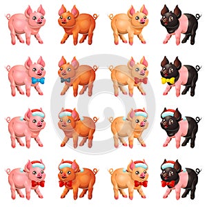 Set playful pigs with bow and cap