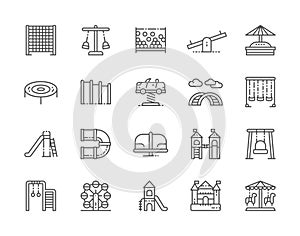 Set of Playground Line Icons. Climbing Rope Net, Swing, Double Seesaw and more.