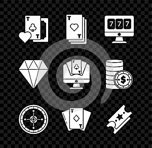 Set Playing card with clubs symbol, heart, Online slot machine lucky sevens jackpot, Casino roulette wheel, diamonds