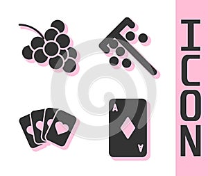 Set Playing card with diamonds, Casino slot machine with grape, Deck of playing cards and Stick for chips icon. Vector