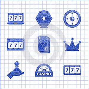 Set Playing card with heart, Casino signboard, Slot machine lucky sevens jackpot, Crown, Hand holding money bag, Online