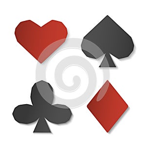 Set of playing card sign symbols. Paper art of four card shapes. Vector illustration for casino and poker games