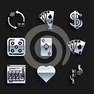 Set Playing card with spades symbol, heart, Casino chips exchange on stacks of dollars, cards, Online slot machine lucky