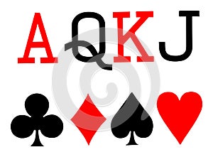 Set of playing card symbols vector. Spade, heart, club, diamond, ace, queen, king, jack.