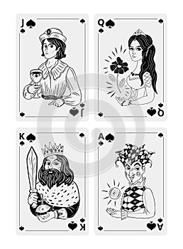 Set playing cards. Black and white drawing. Jack queen king and ace. Vector illustration. Unique drawings.