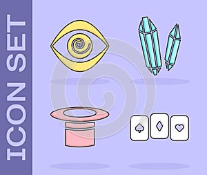 Set Playing cards, Hypnosis, Magician hat and Magic stone icon. Vector