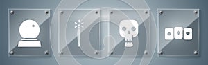 Set Playing cards, Skull, Magic wand and Magic ball. Square glass panels. Vector