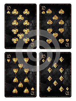 Set of playing grunge, vintage cards. Ten of Clubs, Diamond, Spades, and Hearts, isolated on white background. Playing cards.