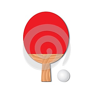 Set for playing ping-pong. Red racket and a ping-pong ball.