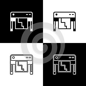 Set Plotter icon isolated on black and white background. Large format multifunction printer. Polygraphy, printshop