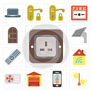 Set of Plug, Temperature, Mobile phone, Garage, Air conditioner, Home, Remote, Panel, Door, editable icon pack