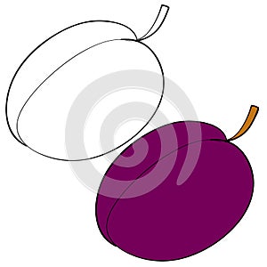 Set of plum painted with black lines and painted, isolated object on a white background, vector illustration,