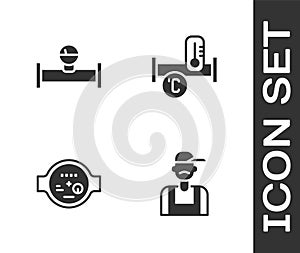 Set Plumber, Industry pipe and manometer, Water and metallic icon. Vector