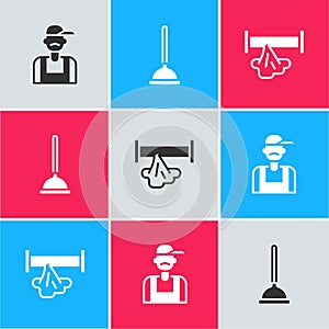 Set Plumber, Rubber plunger and Broken pipe icon. Vector