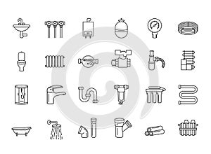 Set of plumbing icons. Plumber faucet water filter, piping, septic bathtub valve water meter tap, sewer washbasin