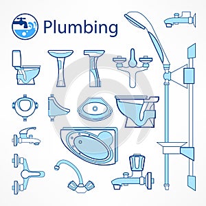 Set of plumbing line icons in blue