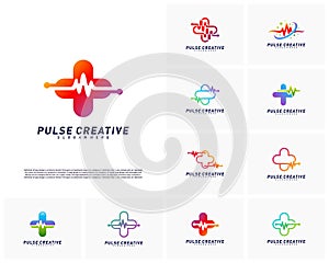 Set of Plus Medical Pulse logo design concept. Healthcare Pulse logo template vector. Icon Symbol