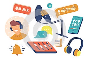 Set of Podcast Icons Professional Microphone, On Air Sign, Sound Track, Headphones. Equalizer, Dj Avatar, Speech Bubbles