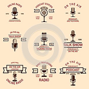 Set of podcast, radio emblems with microphone. Design element for logo, label, sign, badge, poster